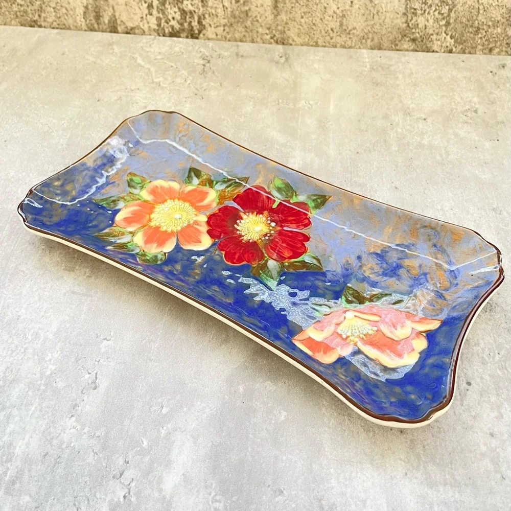 Vtg Royal Doulton Blue Floral Hand Painted Vanity Tray Rectangle Earthenware